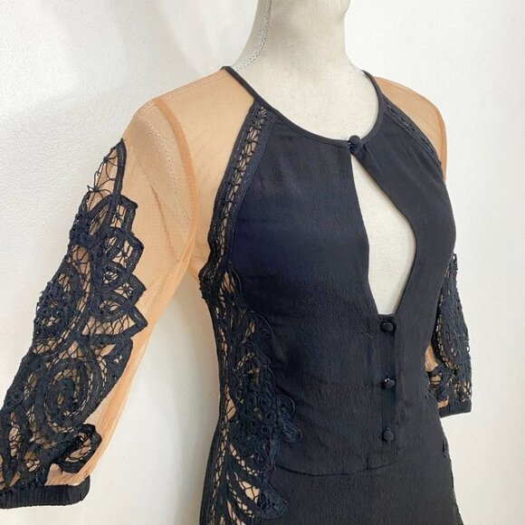 NWT FOR LOVE & LEMONS VALENTINA BLACK EMBROIDERED NUDE SHEER MESH ROMPER - S - Picture 6 of 13